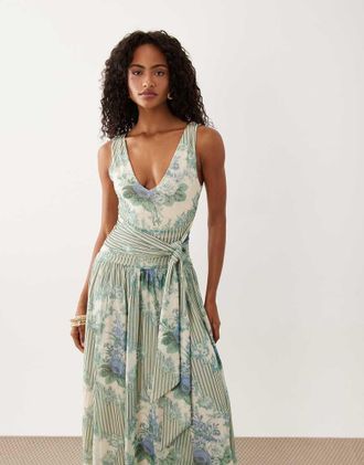 Abercrombie & Fitch Vestito lungo senza maniche con scollo profondo blu con stampa fantasia