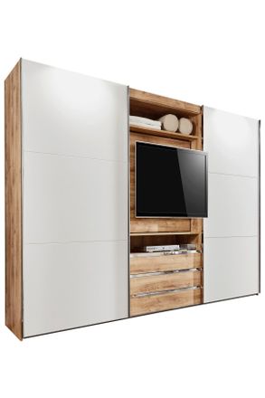 MID.YOU Mid.you Schwebetürenschrank, Weiß, Eichefarben, Metall, 2 Fächer, 3 Schubladen, 300x216x65 cm, Blauer Engel, BQ - Bündnis für Qualität, Made in German