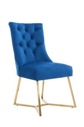 Life Interiors Single Ambra Modern Velvet Dining Chair with Gold Legs, Ring Handle & Tufted Back in Blue