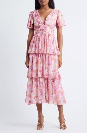Lulus Eva Short Sleeve Tiered Chiffon Midi Dress in Fuchsia Multi at Nordstrom Rack, Size Small