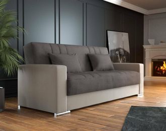 Dmora Sof&aacute; Cama Dmede, Sof&aacute; Cama Contenedor 3 Plazas En Ecopiel Y Tela, Sof&aacute; De Sal&oacute;n Con Apertura Click-clac Y 2 Cojines Incluidos, 230x96h101 Cm, Beige Y 