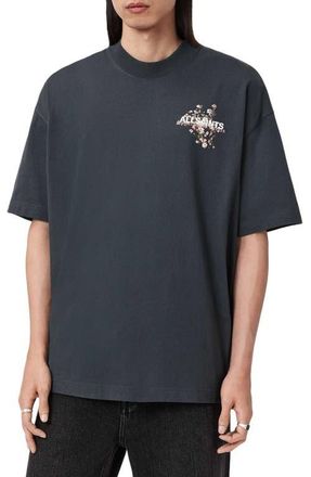 AllSaints Valen Oversize Floral Logo Graphic T-Shirt in Washed Black at Nordstrom, Size X-Small