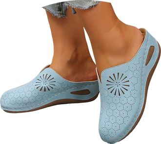 Generic Womens Platform Mules PU Slip on Memory Foam Non-Slip Lightweight Closed Toe Clogs Slippers Shoes Platform Clogs Round Closed Toe Sandals Sky Blue