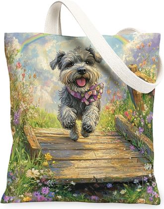 Generic Spring Schnauzer Dog Canvas Tote Bag for Shopping 13x15, Country Garden Puppy Reusable Grocery Print Pattern Bag for Women, Fun Flower Pet Beach Aesth