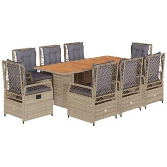 vidaXL Set Comedor De Jard&iacute;n 9 Pzas Con Cojines Rat&aacute;n Sint&eacute;tico Beige Vidaxl