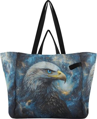 Generic Hawk Blue Space print Reusable Canvas Tote Bag, Heavy Duty Grocery Shopping Bag with Double Handles Large Capacity Hard Bottom Work Groceries Travel