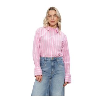 Catwalk Junkie Gestreepte Blouse met Elastische Manchetten - Dames - Blouses & Shirts - Roze - Maat: M Linnen