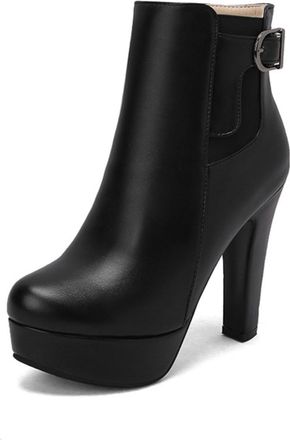 Generic Womens Ankle Boots Metal Buckle Strap Platform Sole Stiletto Heel Side Zip Round Toe Smooth PU Upper Color Block Detail Stylish Durable Design,Black,9