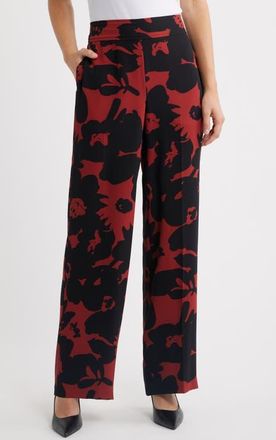Anne Klein Floral High Waist Wide Leg Pants in Rust/anne Black at Nordstrom, Size Xx-Large