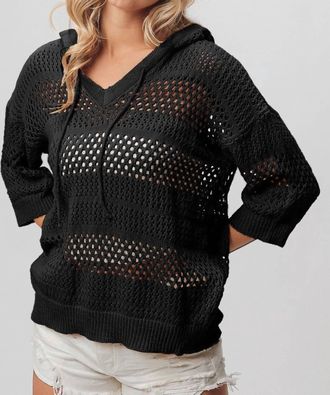 Bibi Open Knit V-Neck Hooded Lightweight Cover Up In Black