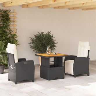 vidaXL Set Comedor De Jard&iacute;n 3 Pzas Con Cojines Rat&aacute;n Sint&eacute;tico Negro Vidaxl
