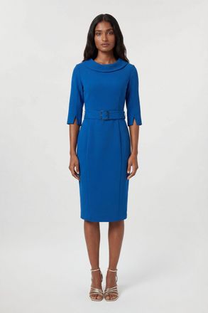Karen Millen Womens Tailored Roll Neck Pencil Midi Dress - Blue Cotton - Size 16 UK