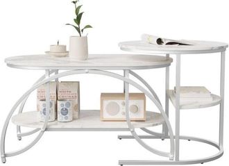 OEM Mesa Baja - Nido Doble Piso - M&aacute;rmol Blanco - Patas De Metal Blanco - 80x46cm O &Oslash;52cm