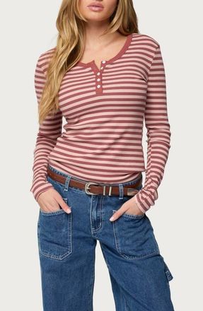 Edikted Roma Stripe Rib Henley Top in Pink at Nordstrom, Size X-Small