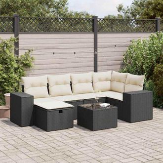 vidaXL Set De Sof&aacute;s De Jard&iacute;n 7 Pzas Con Cojines Rat&aacute;n Sint&eacute;tico Negro Vidaxl