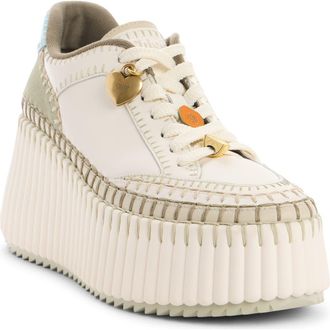 Chlo&eacute; Nama Platform Wedge Sneaker in Ivory Aqua Green at Nordstrom, Size 10Us