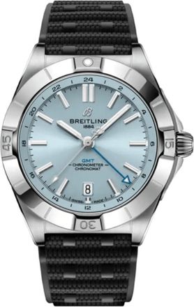 Breitling Chronomat Automatic GMT 40 Blue Dial Platinum Bezel Rubber Strap Mens Watch P32398101C1S2