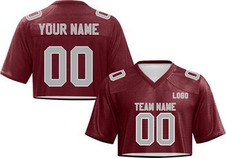 Generic Football Jersey Crop Tops for Women Custom Football Jersey Shirts Y2k Crop Tops Number Name Mesh Streetwear Sportswear V-Neck Short Sleeve Tees Wine