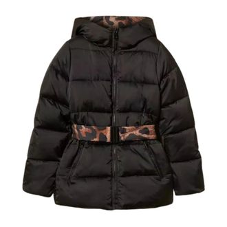 Twinset Jassen, Dames, Zwart, XS, Leer, Pufferjack met omkeerbare riem