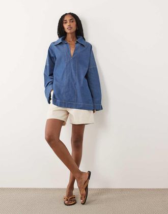Arket Camicia alla marinara a maniche lunghe in denim blu lavaggio medio