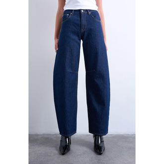 Topshop High Waist Barrel Jeans in Medium Blue at Nordstrom Rack, Size 28 Tall