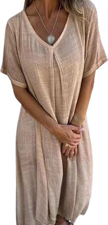 Generic Cotton and Linen V-Neck Midi Dress, Linen Dresses for Women, Midi Linen Dresses for Women, Solid Casual Dress (Apricot,XL)