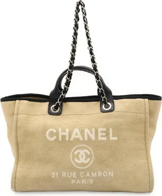Chanel Beige Black Canvas Shoulder Bag Tote Bag (Pre-Owned)