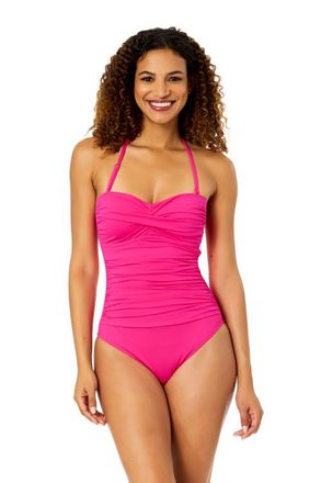 Anne Cole Womens Live In Color Solid Twist Front Shirred One Piece Swimsuit in Orchid at Nordstrom, Size 10