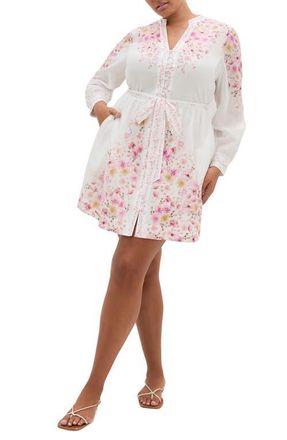 City Chic Elia Placed Floral Long Sleeve Cotton Dress in Ivory Patrice at Nordstrom, Size Xxxs