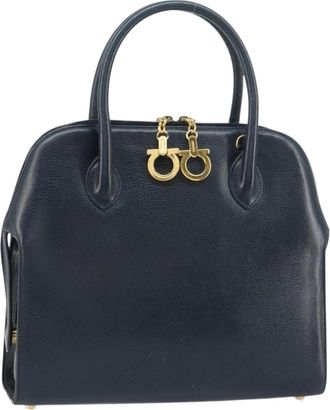 Ferragamo Gancini Handbag Leather Navy Leather Handbag (Pre-Owned)