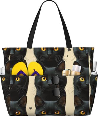 Generic Cute Cat Print Large Beach Bag Foldable Travel Shoulder Tote Bag With Pocket For Weekender Pool Vacation