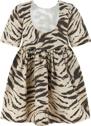 Ganni Zebra-Print Organic Cotton Denim Dress - Beige