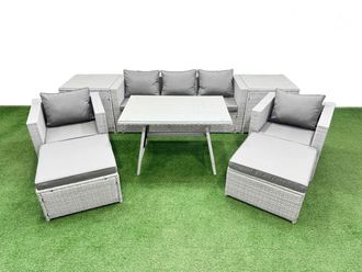Fimous 9 Pieces Outdoor PE Rattan Sofa Armchair Set with 2 Big Stools in Light Grey