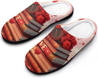 Generic Valentines Love Books Roses Ballons Mens House Slippers Memory Foam Washable Cotton Slip on Home Shoes