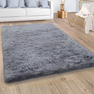 Paco Home Alfombra Sal&oacute;n Pelo Largo Piel Sint&eacute;tica Shaggy Mullida Y Suave Monocolor Gris 160x220 Cm - Paco Home