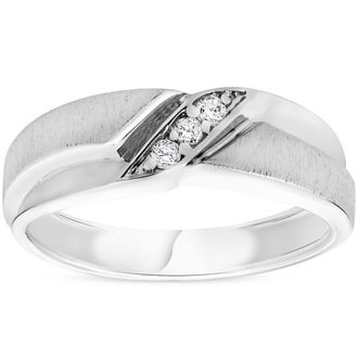 Pompeii3 Mens 1/10ct White Gold Diamond Ring Contour Brushed Three Stone Wedding Band