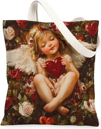 Generic Cute Valentines Day Gnome Canvas Tote Bag for Shopping 13x15, Garden Aesthetic Love Heart Reusable Grocery Print Bag for Women, Holiday Beach Aestheti