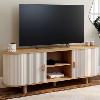 IDMarket Mueble Tv Kanel 2 Puertas Efecto Estriado Beige Y Madera 140 Cm