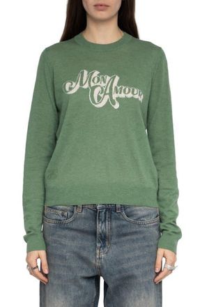 Zadig&Voltaire Miss CP Mon Amour Embellished Cashmere Graphic Sweater in Verveine at Nordstrom, Size X-Small