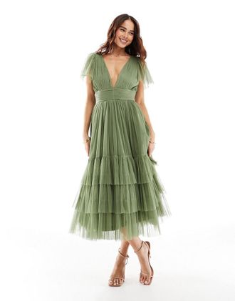 Lace & Beads Madison - Vestito da damigella midi in tulle oliva tenue con scollo a V-Verde