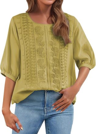 Generic Cocila Lightning Deals of The Day Prime Womens Casual 3/4 Sleeve T-Shirts Ladies Tops 2025 Summer Embroidery Crew Neck Breathable Pleated Tops Fashion