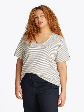 Tommy Hilfiger V-Shirt TOMMY HILFIGER CURVE CRV MODERN CO LINEN V-NK SS, Damen, Gr. 50, blau (calico, schwarz night navy stp), Web, Obermaterial: 55% Leinen, 45% Bau