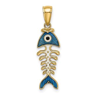 Diamond2Deal 14k Yellow Gold 3-D Blue Enamel Fish Bone Charm Pendant