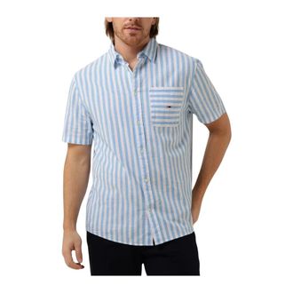 Tommy Jeans Casual Gestreept Linnen Overhemd - Heren - Korte mouwen Overhemden - Veelkleurig - S - Linnen - Overhemden