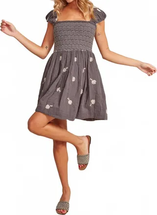 RD Style Francis Shirred With Embroidery Dress In Coal