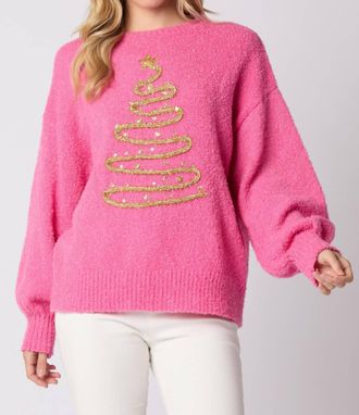 Peach Love California Christmas Tree Lurex Thread Embroidery Sweater In Pink
