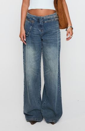 Princess Polly Platrow Wide Leg Cargo Jeans in Mid Blue Wash at Nordstrom, Size 0