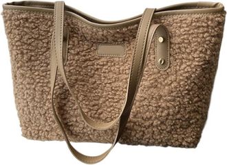 Generic Compatible For Soft Handbag Large Capacity Fall Winter Shoulder Bag Women Lamb Wool Tote Zipper Closure Casual Shopping Traveling(Khaki)