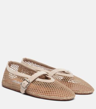 Alaia Ala&iuml;a Suede-trimmed fishnet ballet flats