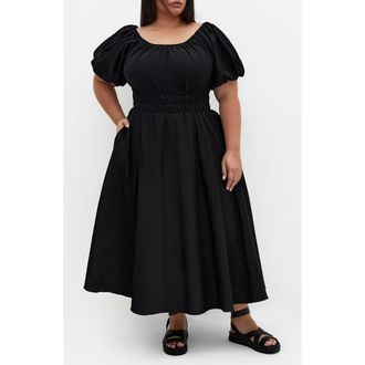 City Chic Lillian Puff Sleeve Cotton Midi Dress in Black at Nordstrom Rack, Size Xs/14W